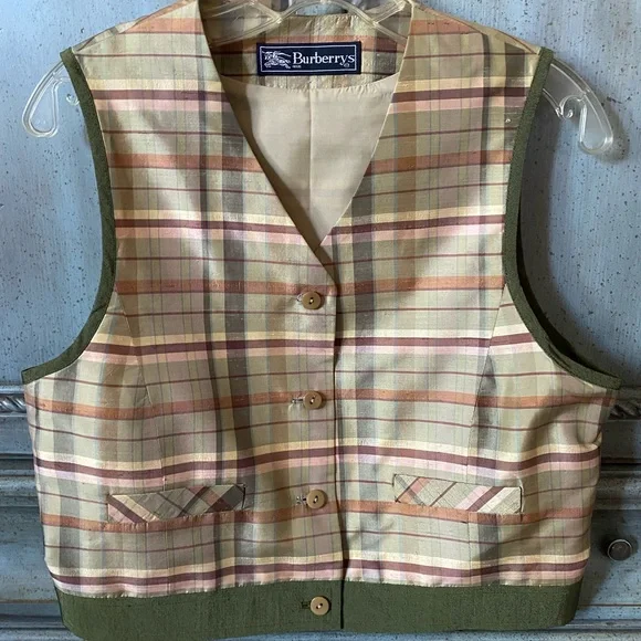 Burberry Silk Vest with Beige, Copper and Green Plaid - Picture 1 of 8